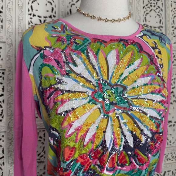 Y2K Joseph A Pink Sequin Fairy Core Euro 3/4 Sleeve Colorful Blouse Sz Large - Picture 2 of 7